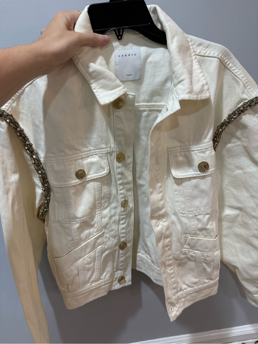 NWT Sandro Paloma Denim Jacket Ivory with Rhinestones Size 40 (US8) - Picture 6 of 6